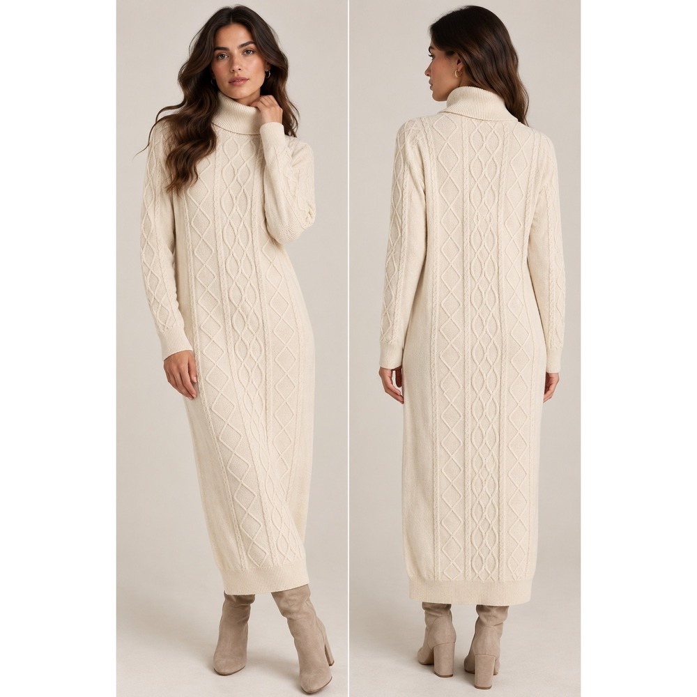Show Me Your Mumu Montreal Cable Knit Turtleneck Midi Sweater Dress Cream S